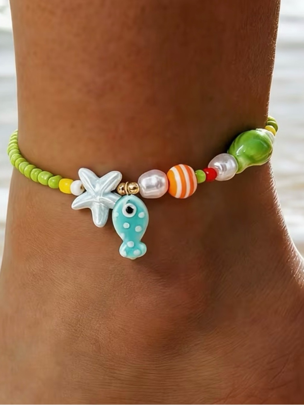 Green Beaded Starfish & Fish Charm Anklet
